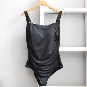 Lascana Black White Scalloped Neck Tummy Control One Piece Swimsuit Size 42C NWT